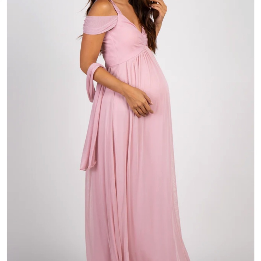Light Pink Chiffon Cold Shoulder Maternity Evening Gown. Size Small.